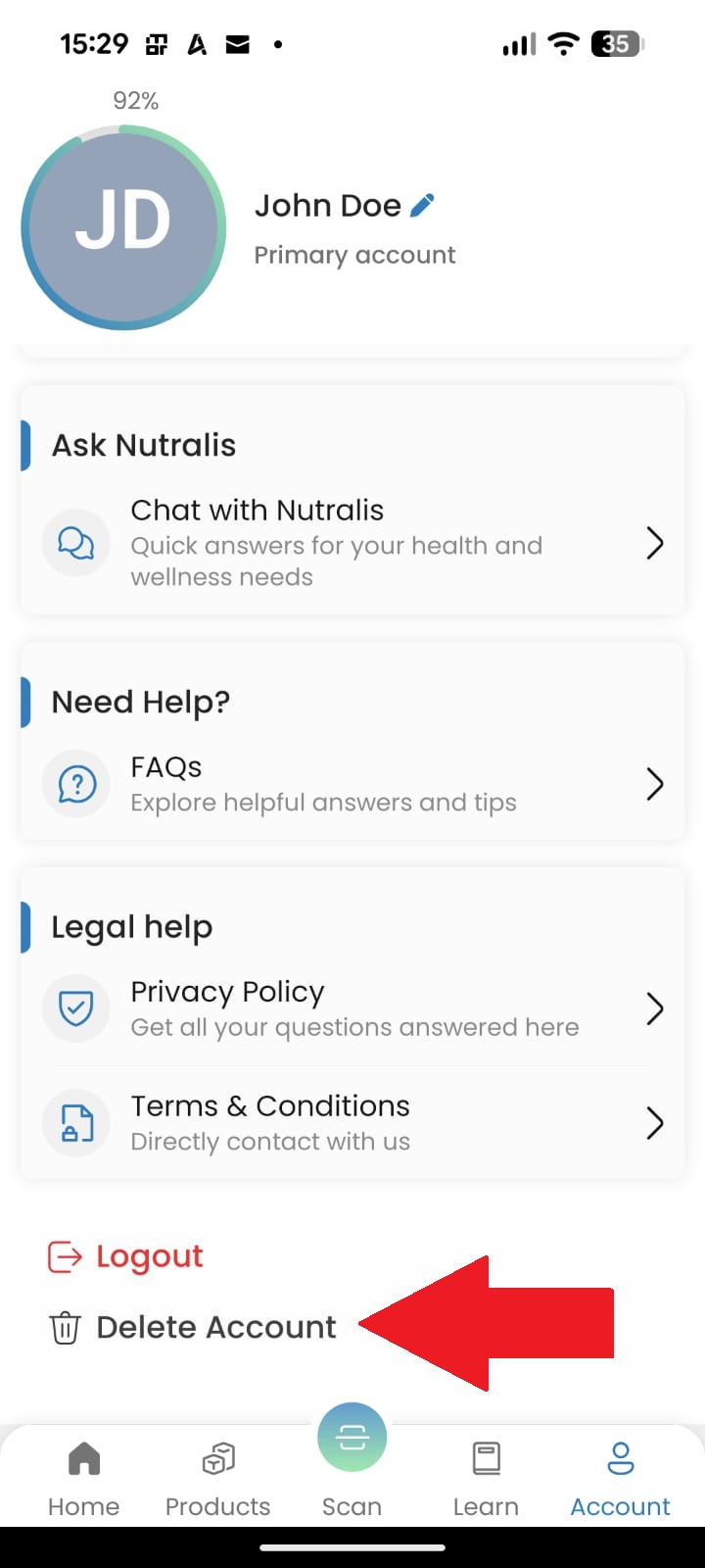 Screenshot showing Delete Account option in app
